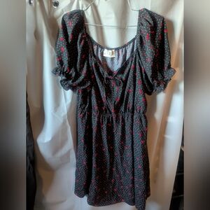 Red and Black Puff Sleeve Midi Sundress